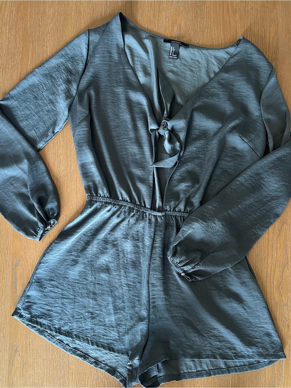 Forever 21 Tie-Front Long Sleeve Romper in Slate Gray